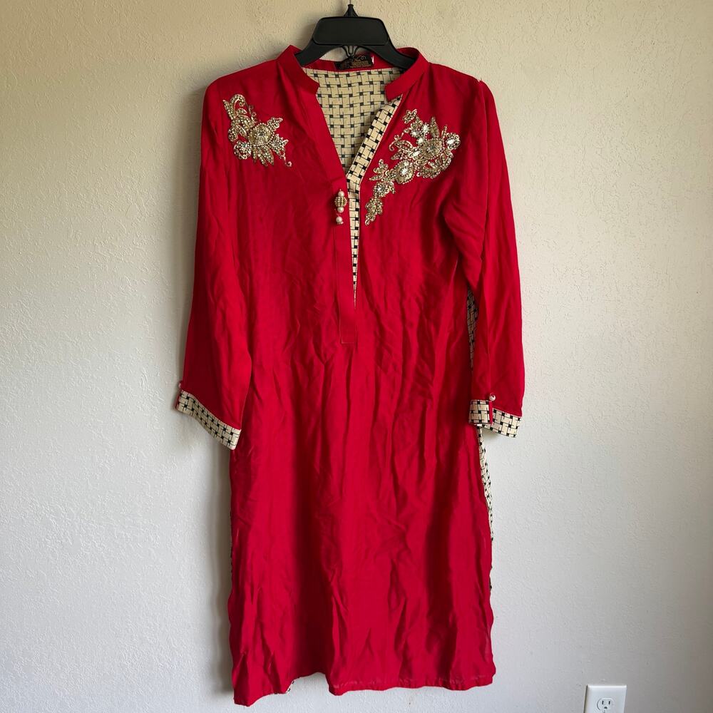 Agha Noor Designer Red Black Tan Color Block Beaded Accent V-Neck Kurta Womens S